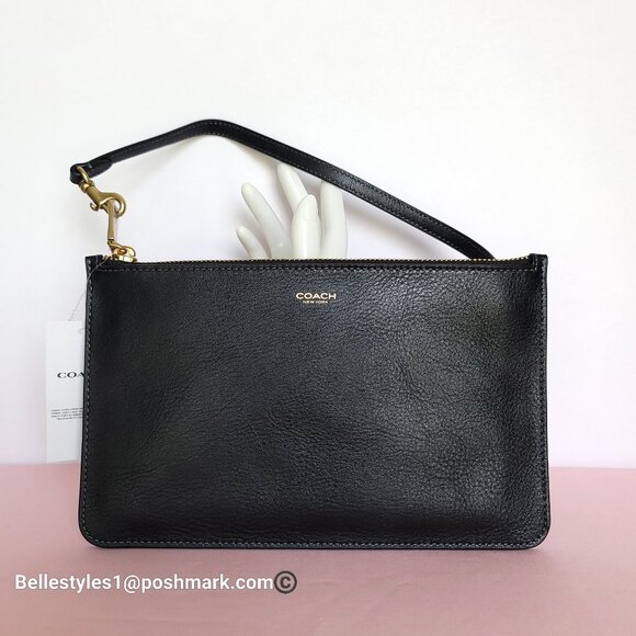 COACH New York Natural Grain Leather Top-Zip Pouch with Dog-clip Leash -Black ⭐ - Picture 1 of 16